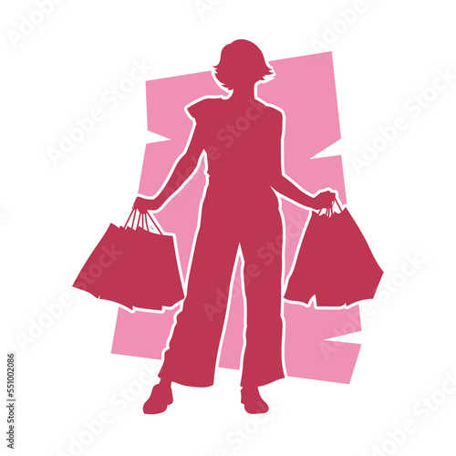 Young woman carrying shopping bag. Vector Red silhouette. on red background.