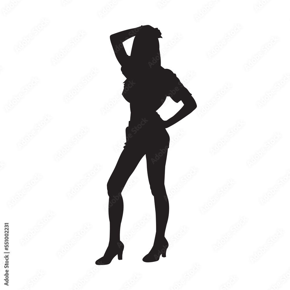 Silhouette of young slim woman standing pose. Isolated vector people. on white. Silhouette of young slim woman standing pose. Isolated vector people. on white.