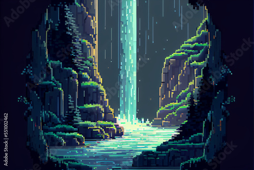 8 Bit Pixel Art forest waterfall photo