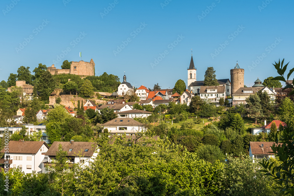 The town of Lindenfels in Odenwald with castle, town fortification and church, Hesse, Germany