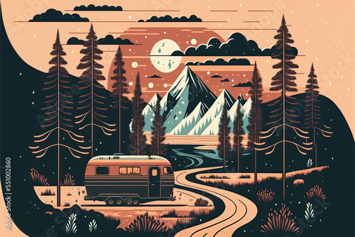 Retro postcard illustration of a van on a roadtrip in the forest by night  beautiful orange and green tones
