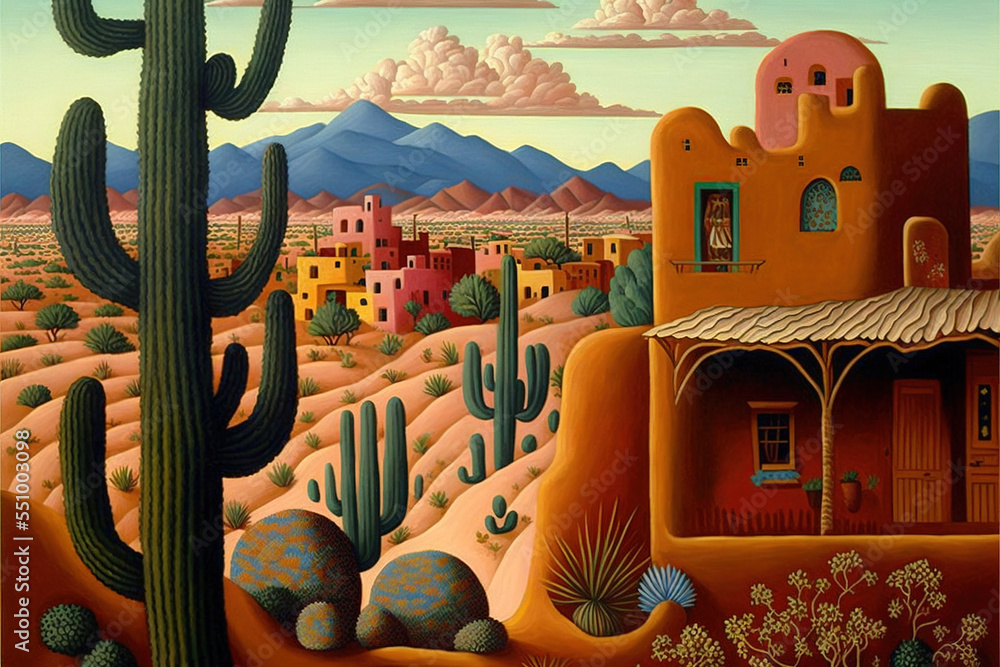 Naklejka premium southwest adobe neighborhood, with cactus landscape, AI assisted finalized in Photoshop by me 