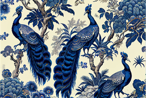 Blue toile pattern with peacocks 