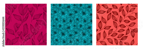 Tree branch leaves and flowers sketch doodle hand drawn vector seamless patte...