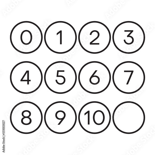 Outlines set of circle icon with numbers 0 to 10 inside.