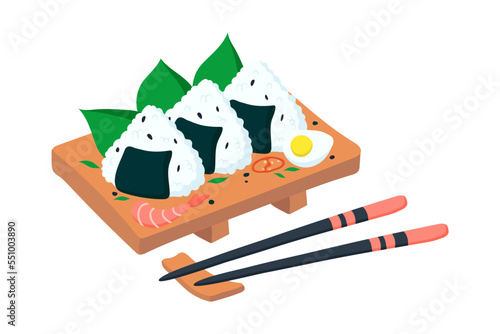 Set of onigiri on a wooden plate