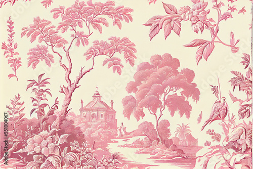 Pink toile fabric pattern photo