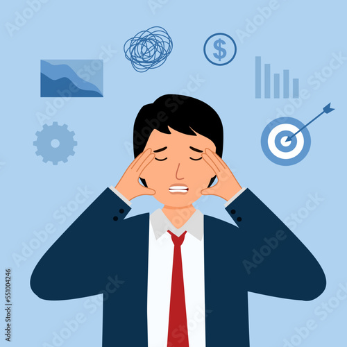 Overworked businessman stress at office. Failure investment. Bankruptcy problem.