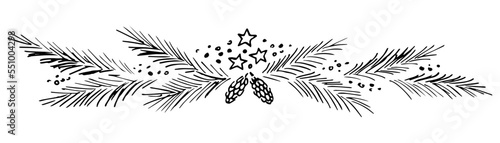 Simple hand drawn black outline vector drawing. Border of coniferous branches, cones and snow. Christmas garland, divider. Sketch in ink.