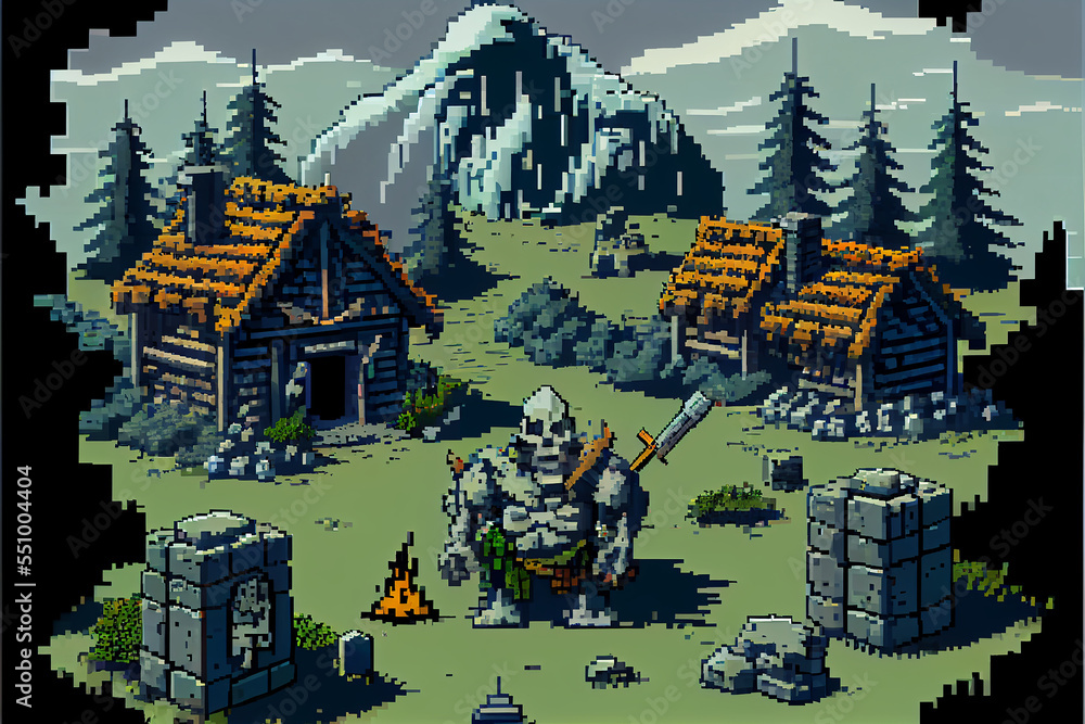 Pixel 8 bit art of an orc village Stock Illustration | Adobe Stock