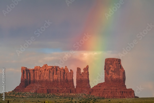 View of rainbow appearing after rain in Monument Valley Tribal Park, USA