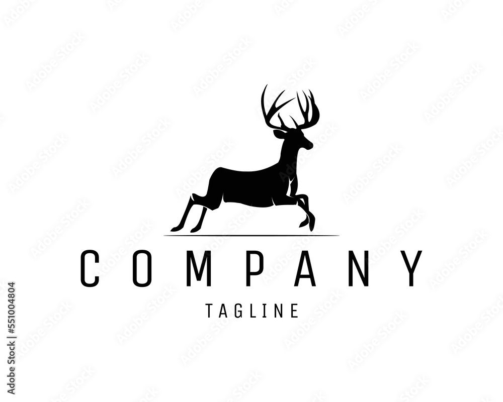deer silhouette logo featured in jumping style on isolated white background. best for emblem, emblem, animal industry.