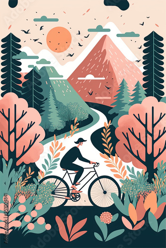 Beautiful retro illustration landscape with trees and mountains in pink, green and orange tones with a bike traveler