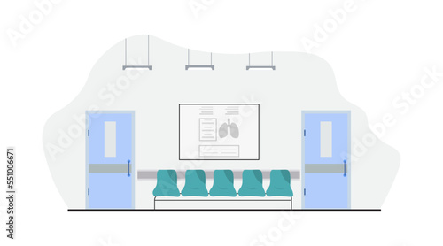 Waiting hall room interior for patient in Hospital. Modern hospital reception interior with furniture and equipment. Vector illustration.