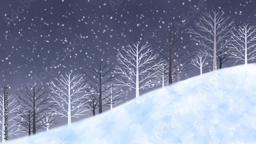 山に降る雪の水彩イラスト　きれいな冬景色の背景素材