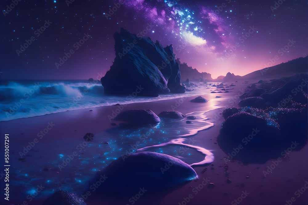  An idyllic beach scene featuring a starry night sky and a calm purple hue.