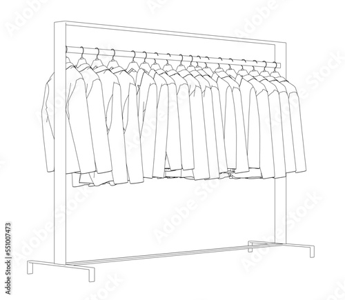 Outline of many jackets hanging on a hanger. Side view. 3D. Vector illustration.