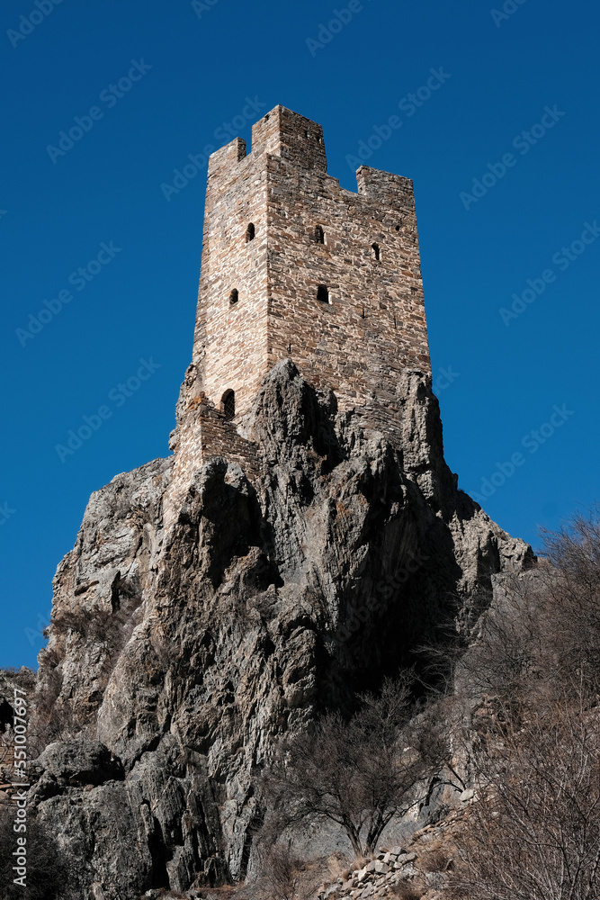 View of Vovnushki tower on sunny winter day. Ingushetia, Caucasus, Russia.