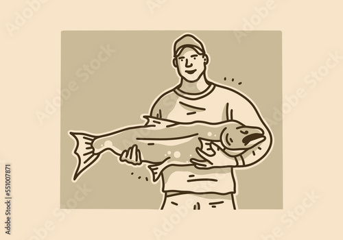 Vintage art illustration of a man holding a big fish