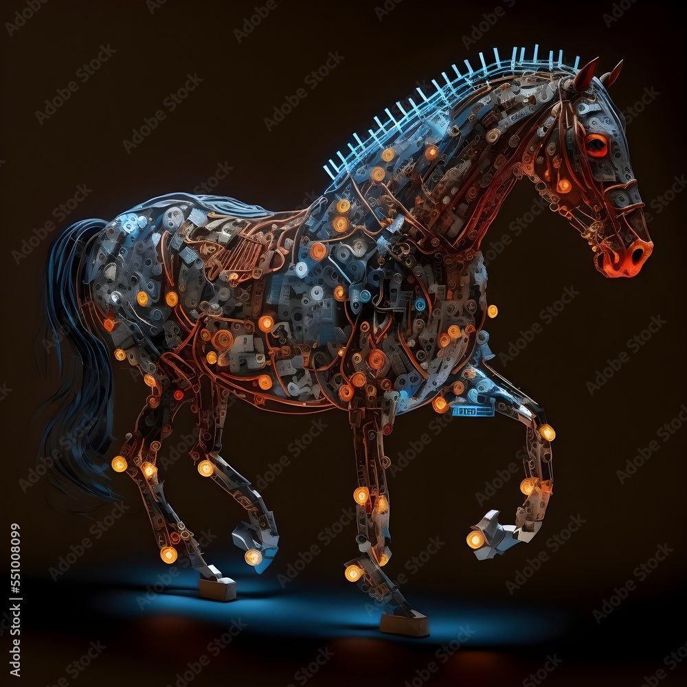 An abstract 3D art of a horse, featuring vibrant colors and intricate geometric shapes