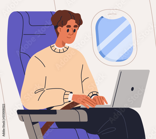 Passenger with laptop, sitting in airplane chair. Tourist with computer on knees during air flight, business travel. Businessman works at PC in plane, aircraft onboard. Flat vector illustration