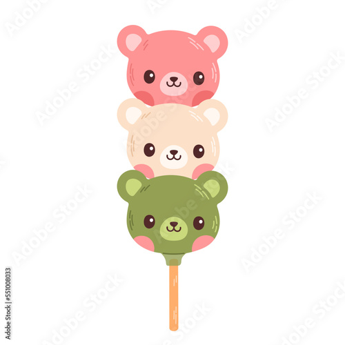 Dango Japanese dessert in form of bear isolated on white. Hanami Dango dessert with 3 colors pink, white and green. 