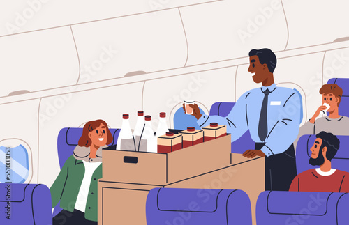 Steward with trolley in plane aisle, offering drinks for passengers. Flight attendant with cart in airplane, aircraft during inflight service. People on seats ordering food. Flat vector illustration photo