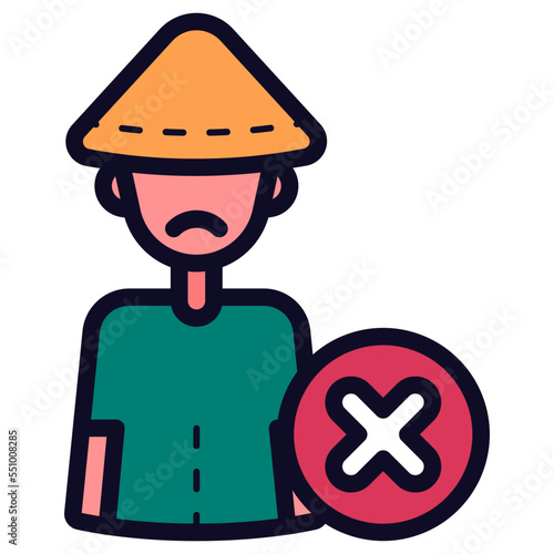 asian farmer with cancel sign icon
