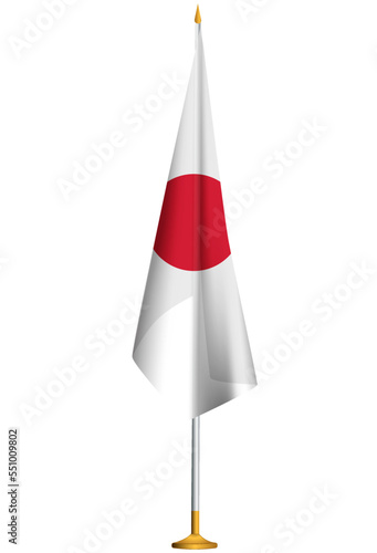 Isolated small national flag of Japan vector with golden flagpole.Standing miniature Japanese flag