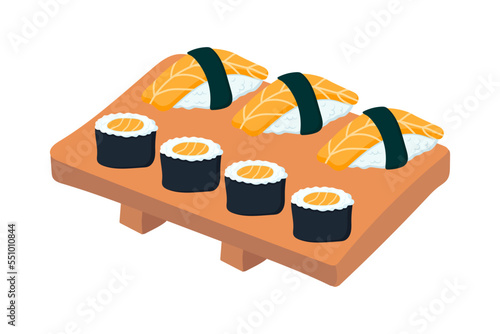 A set of sushi and rolls with salmon on a wooden plate