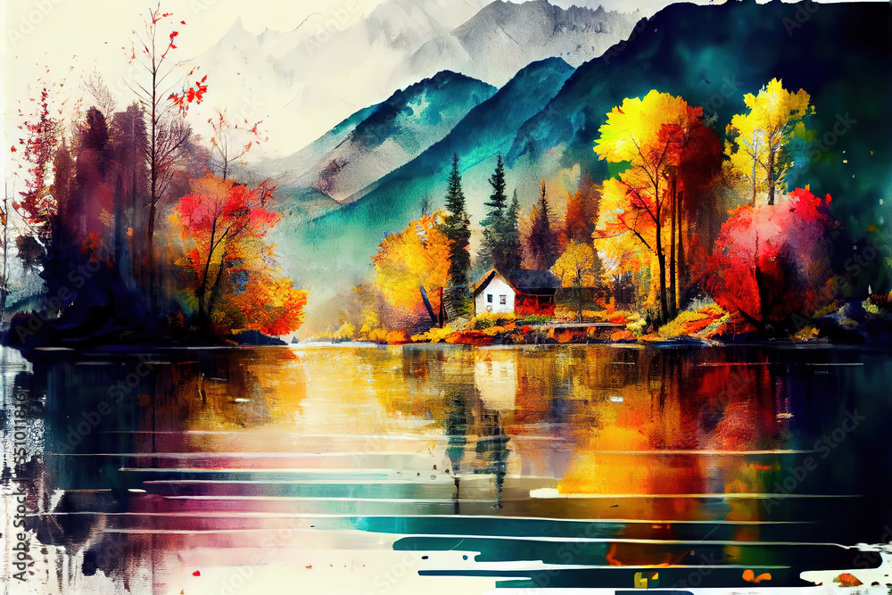 autumn lake water painting