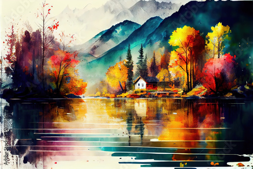 autumn lake water painting