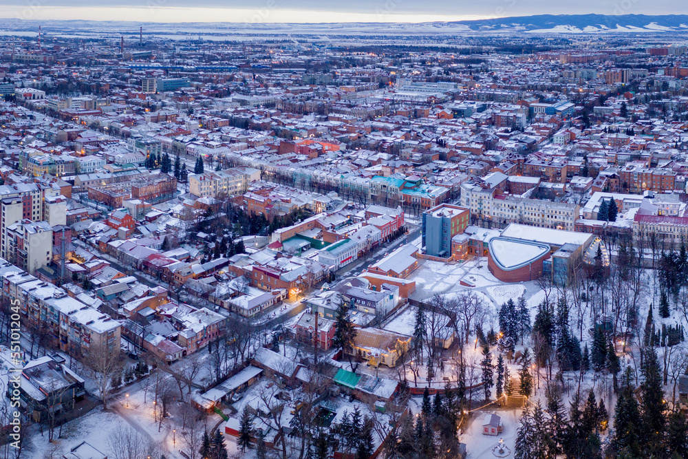 Aerial view of the centre of Vladikavkaz on cloudy winter morning. North Ossetia, Caucasus, Russia.