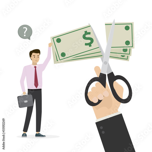 Employee holds banknotes, boss uses scissors and cuts off some money. Reduction of wages, increase taxes. Inflation reduces profits and salary. Economic crisis, business problems, recession.