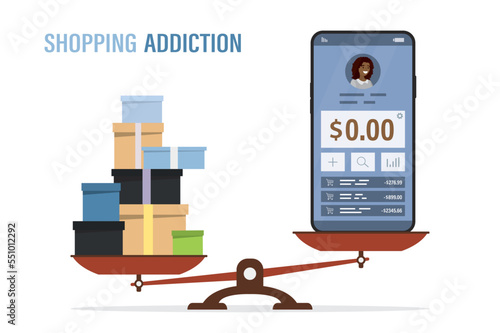 Unbalanced scales, purchases and spending outweigh mobile phone with zero account. Lack of money on credit card due to large expenses. Empty bank wallet or plastic card. Shopaholism concept.