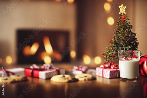 Christmas Milk   Cookies for Santa Christmas Tree Fireplace Presents Home Holiday Fireplace Background Image
