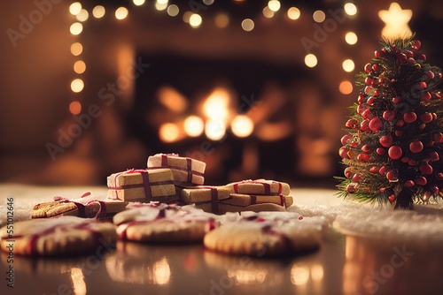 Christmas Milk   Cookies for Santa Christmas Tree Fireplace Presents Home Holiday Fireplace Background Image