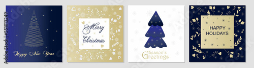 A set of cards  postcards  New Year s and Christmas greetings. Corporate postcards with greenery  deer  snowflakes  lettering.