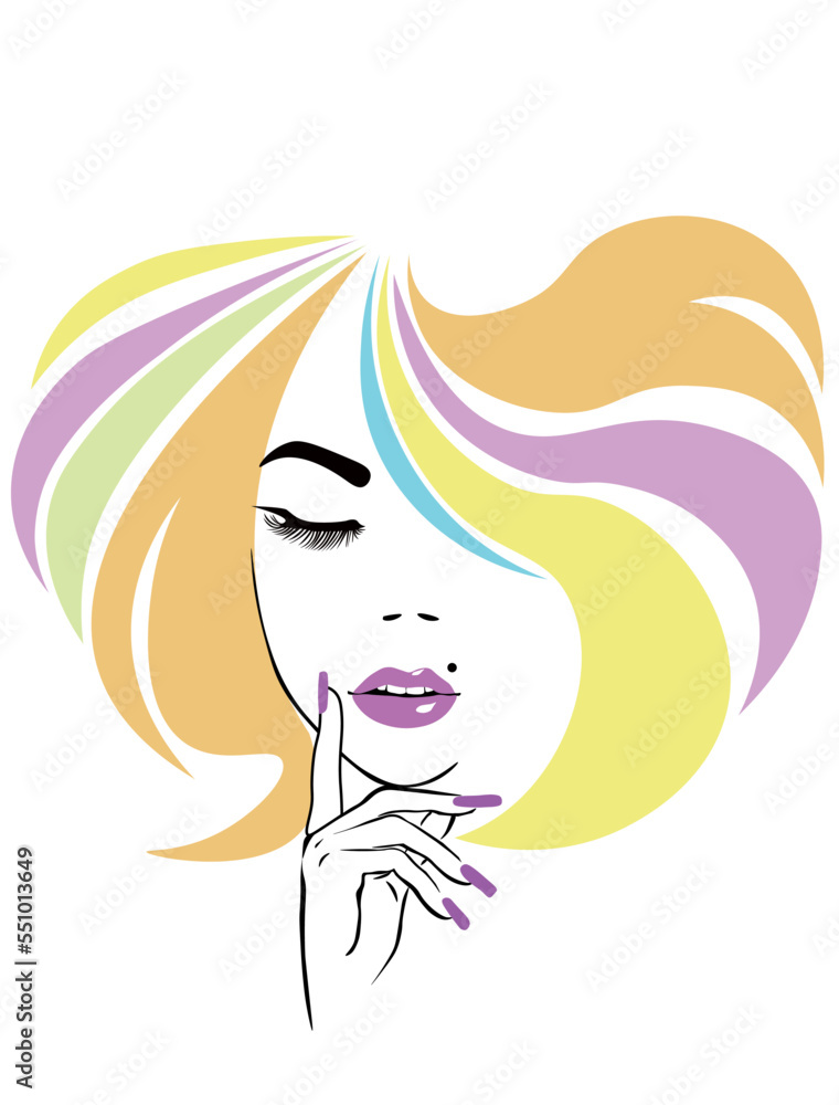 Vector Stock Woman with braid. Illustration with beauty fashion model girl with colorful long dyed hair. Portrait of a beautiful woman with colouring rainbow hair, curly long haircut, salon icon Vector Stock Woman with braid. Illustration with beauty fashion model girl with colorful long dyed hair. Portrait of a beautiful woman with colouring rainbow hair, curly long haircut, salon icon