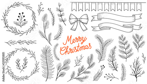 Set Christmas leaves plants hand drawn vector. Drawing beautiful creeper leaf, decorative set with leaves and lettering. Vector illustration. Hand draw elements set collection stars and sun vector