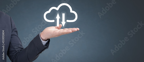 Cloud service on businessman hand. Cloud computing service concept connect to cloud. Businessman offering cloud computing service. copy space
