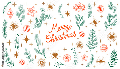 Set Christmas leaves plants hand draw vector. Drawing beautiful creeper leaf, decorative set with leaves and lettering. Vector illustration. Hand draw elements set collection stars and sun vector