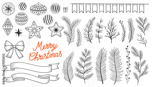 Set Christmas leaves plants hand drawn vector. Drawing beautiful creeper leaf, decorative set with leaves and lettering. Vector illustration. Hand draw elements set collection stars and sun vector