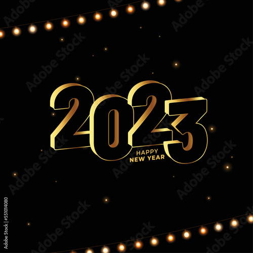 happy new year black background with 2023 text in 3d design vector illustration