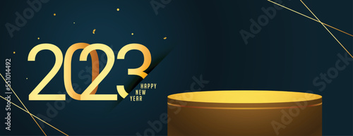 happy new year banner with golden 2023 text and 3d podium