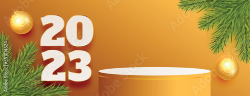 happy new year 2023 event banner with 3d podium platform