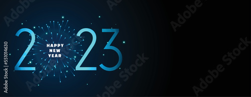 happy new year banner with bright 2023 text and firework