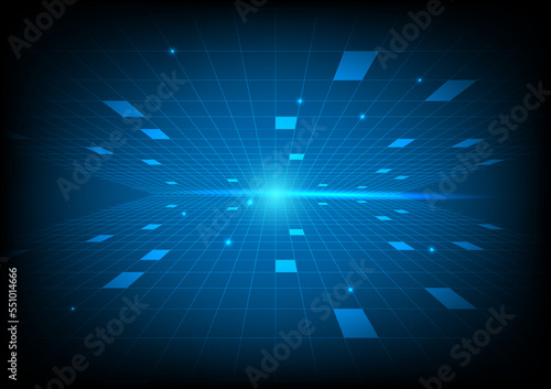 Abstract geometric perspective grid and light technology background.