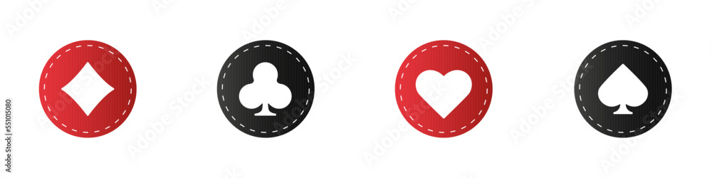 Set collection gambling sign symbol of playing card suits and chips for poker and casino. Hearts, clubs, diamonds and spades on an isolated white background. Set collection gambling sign symbol of playing card suits and chips for poker and casino. Hearts, clubs, diamonds and spades on an isolated white background.