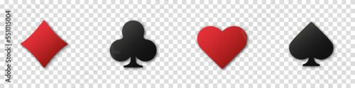 Set collection gambling sign symbol of playing card suits and chips for poker and casino. Hearts, clubs, diamonds and spades on an isolated transparent background.